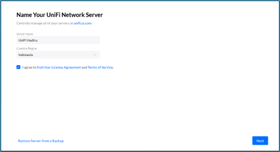 Setelah masuk di web Browser, isi Server Name dan Region lalu NEXT