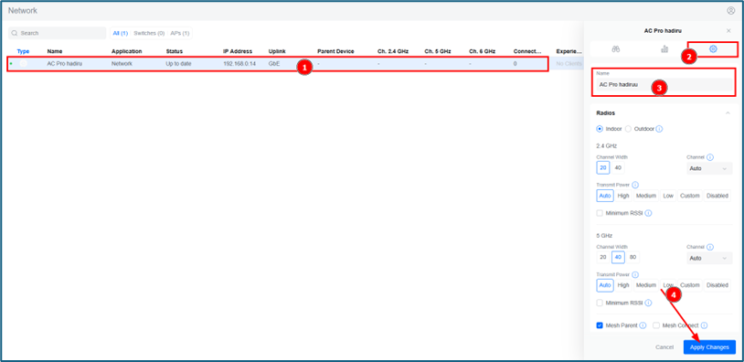 masuk ke menu Unifi Device, ikuti langkah-langkah diatas, pada no 3 isi sesuai keinginan, kemudian Apply