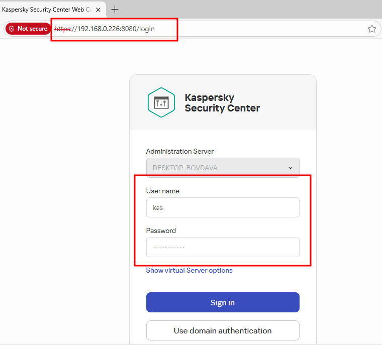 Tampilan login Kaspersky Security Center