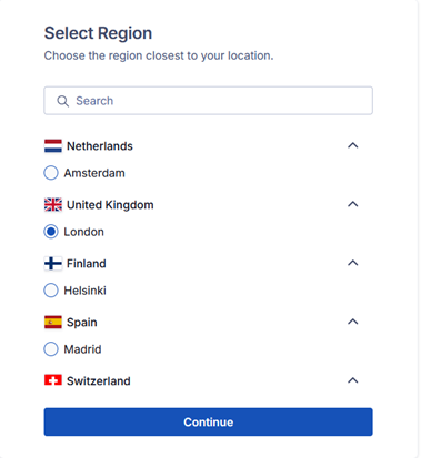 pilih Region lalu Continue
