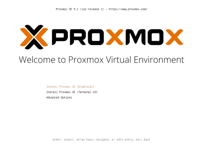 Install Proxmox VE (Graphical) lalu Enter